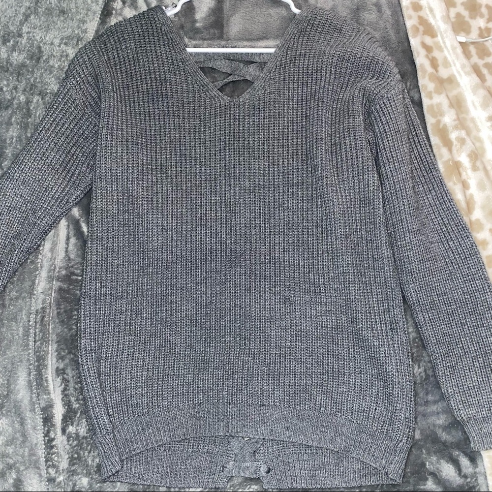 Gray Oversized Knit Sweater (Braided Back)